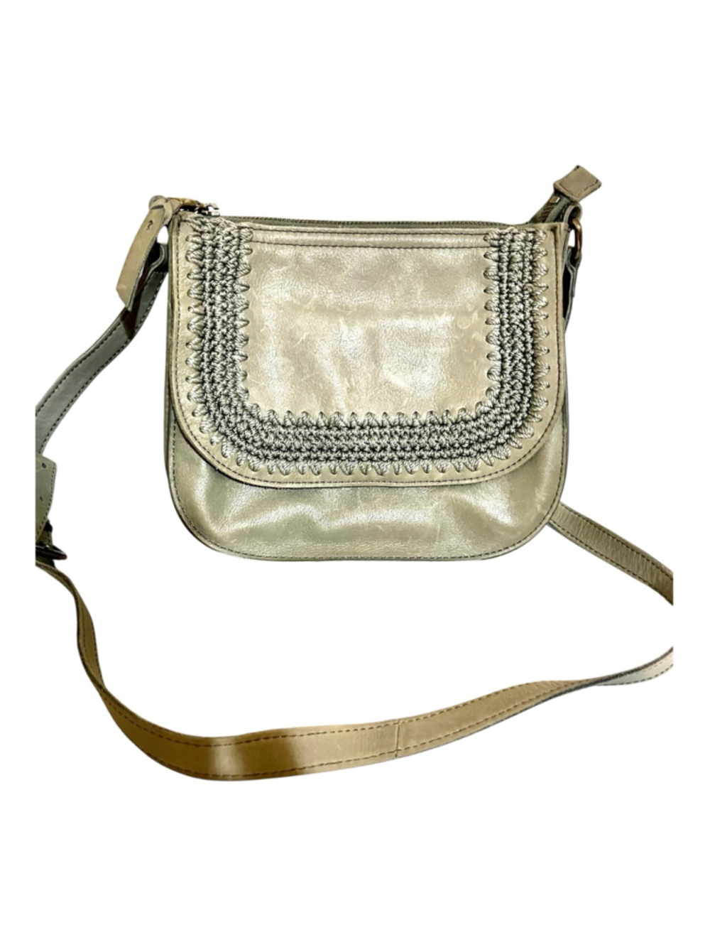 Vintage The Sak Playa Leather Saddle Bag with crossbody strap in a gray color.